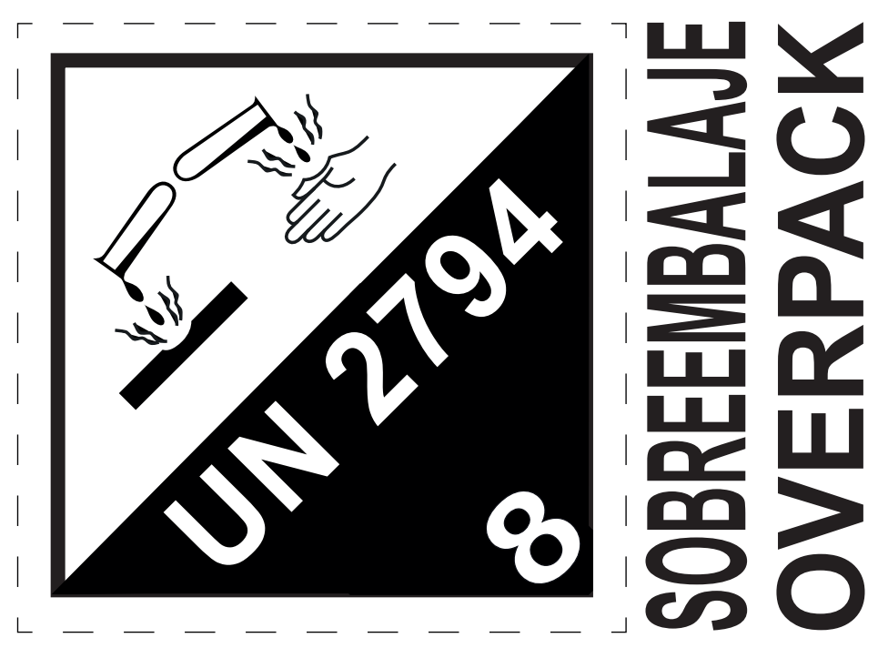 ETIQUETA BOBINA 150X110 MM CLASE 8+  UN 2794 + SOBREEMBALAJE/OVERPACK 