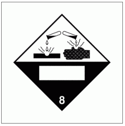 ETIQUETA  CLASE 8 MATERIAS CORROSIVAS RECUADRO BLANCO 100X100 - Bobina base
